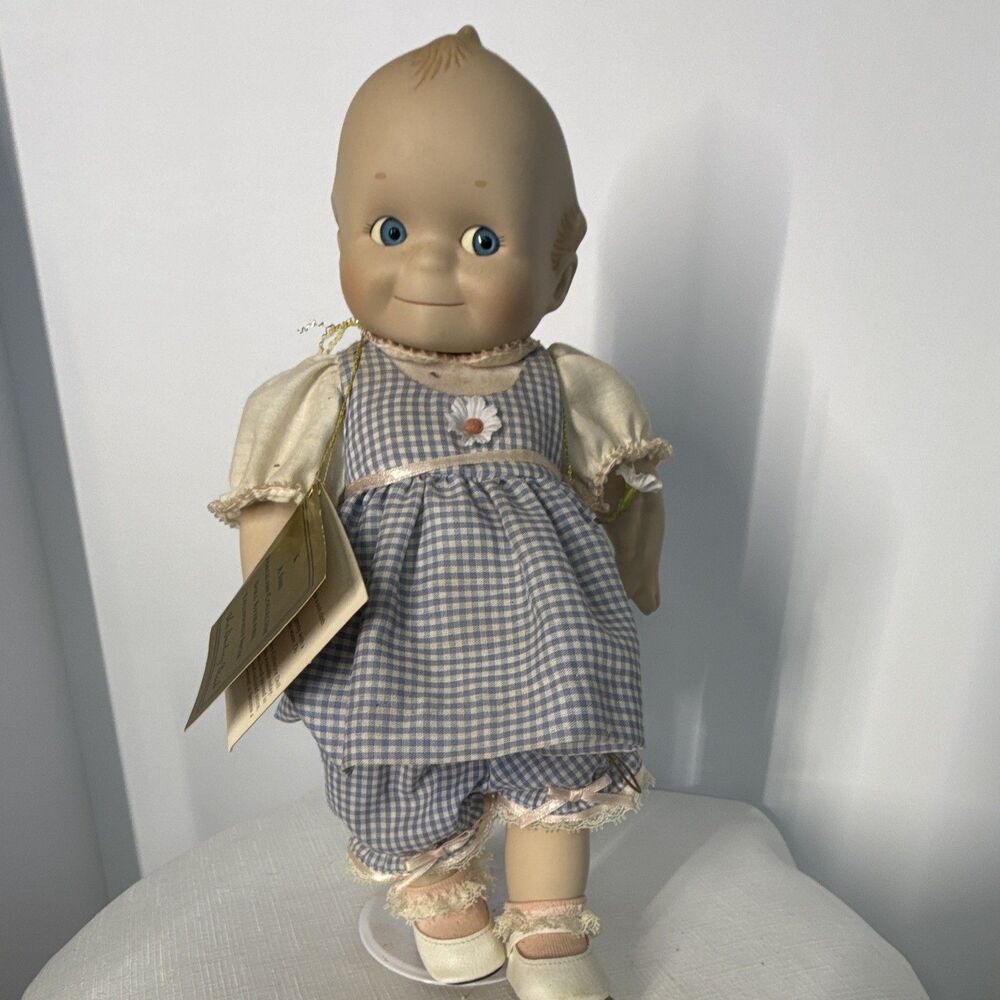 Danbury Mint Porcelain Girl Doll Blue Eyes Blue Gingham Outfit Shoes w/ Tag